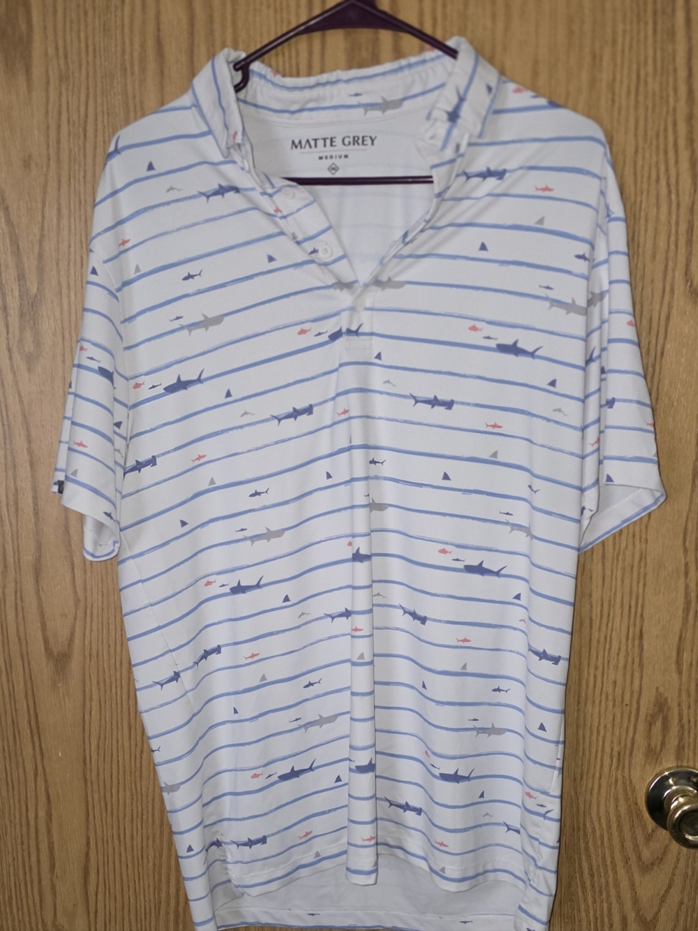 Matte Grey Men’s White Striped Polo with Shark Print